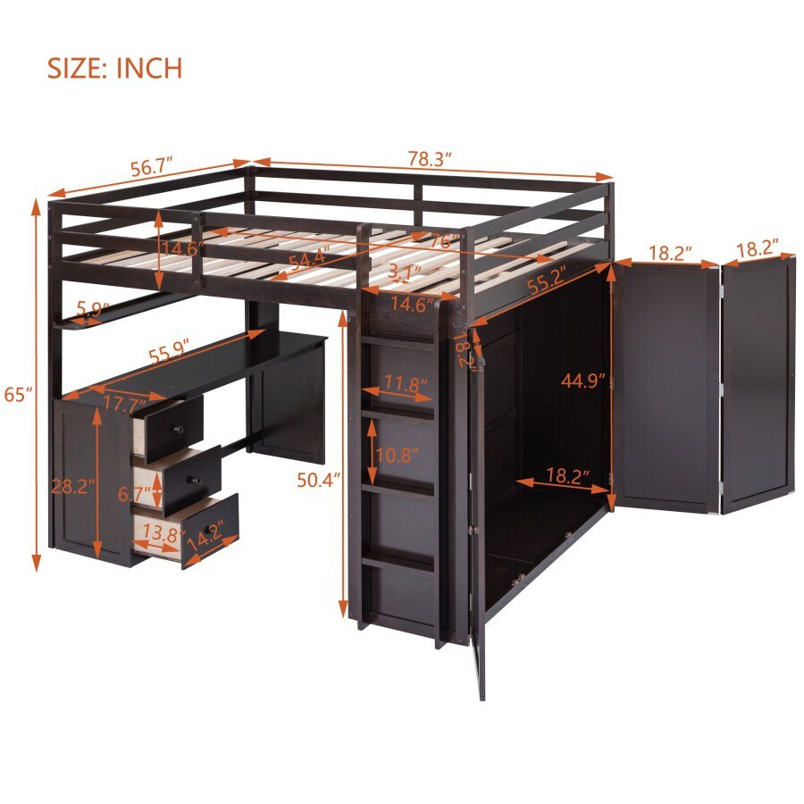 Full Size Espresso Loft Bed with Drawers and Desk - Casatrail.com