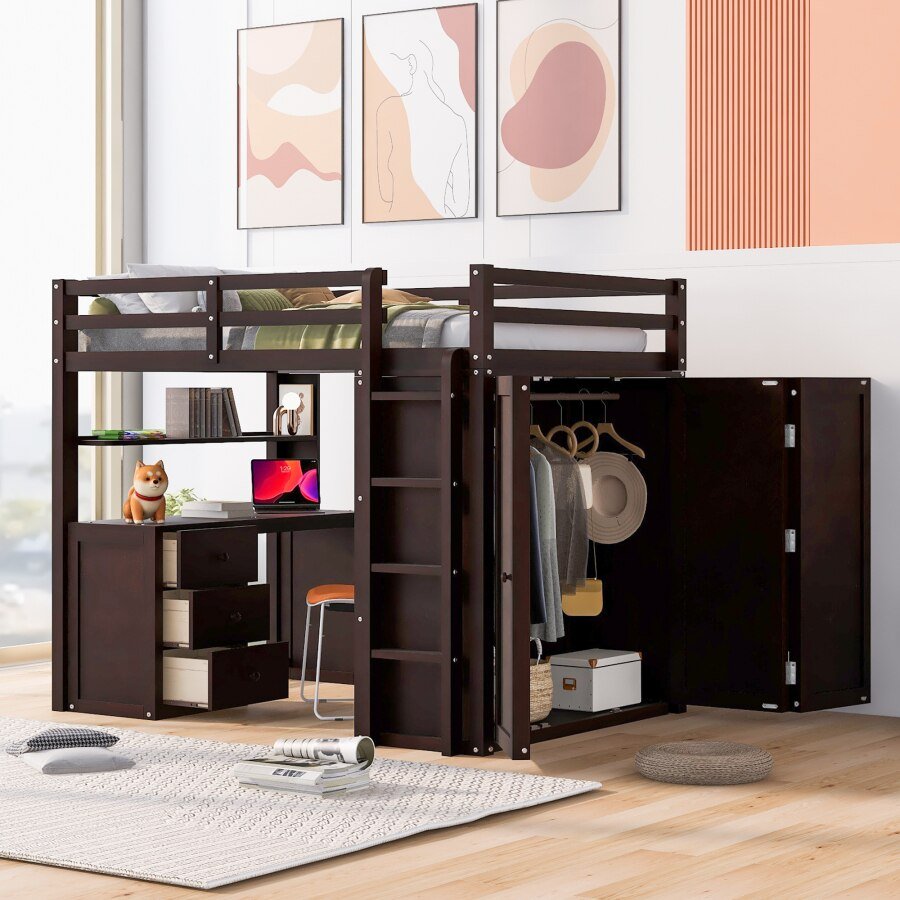 Full Size Espresso Loft Bed with Drawers and Desk - Casatrail.com