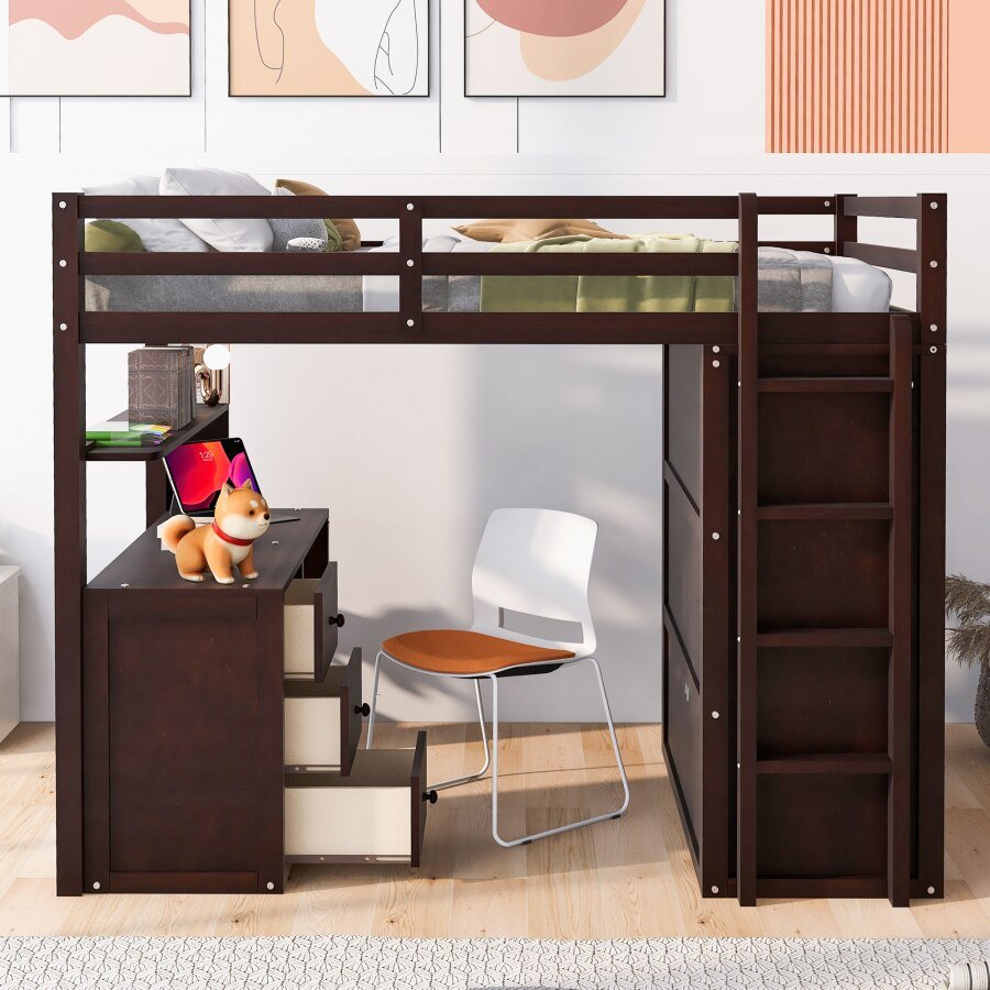 Full Size Espresso Loft Bed with Drawers and Desk - Casatrail.com