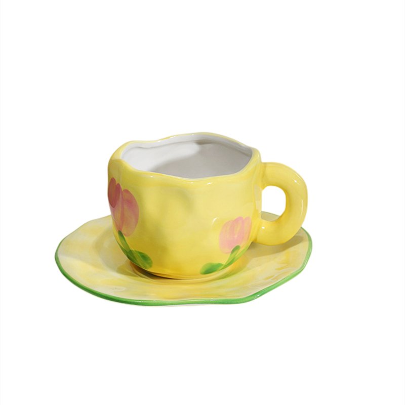 Hand - painted Flower Ceramic Coffee Cup with Saucer - Casatrail.com