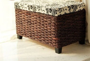 Handmade Straw Solid Wood Shoe Changing Stool Ottoman with Storage - Casatrail.com