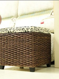 Thumbnail for Handmade Straw Solid Wood Shoe Changing Stool Ottoman with Storage - Casatrail.com