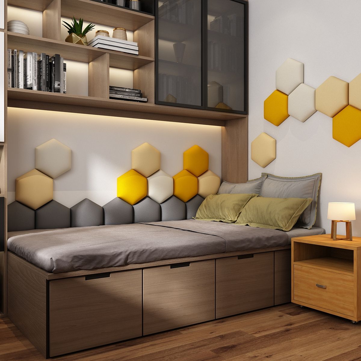 Hexagonal Headboard Bed Soft Bag Set with 3D Wall Sticker and Tatami - Casatrail.com