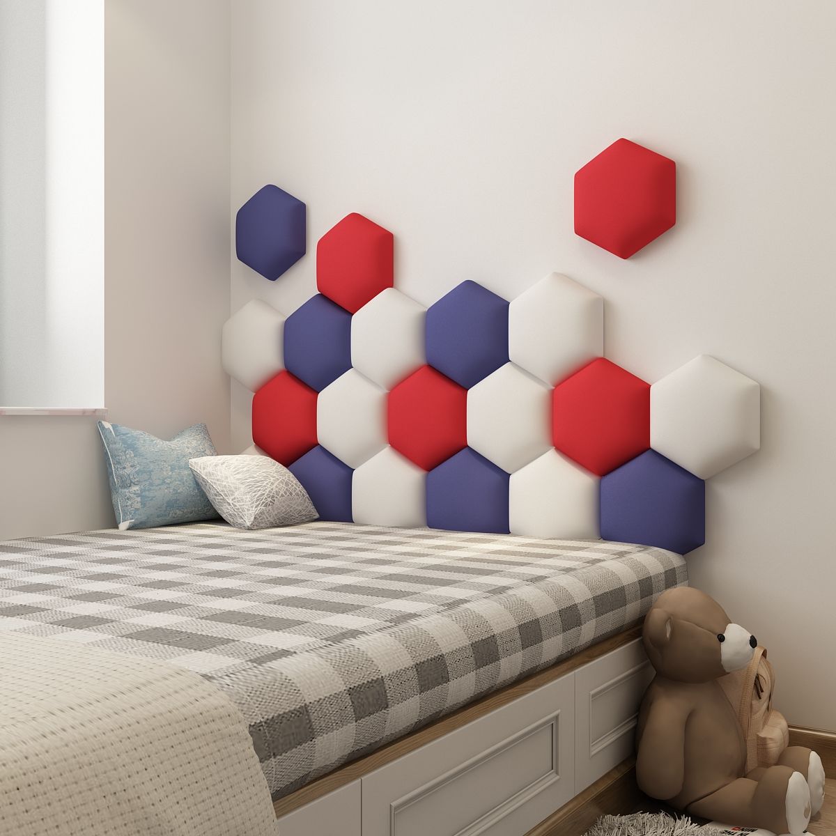 Hexagonal Headboard Bed Soft Bag Set with 3D Wall Sticker and Tatami - Casatrail.com