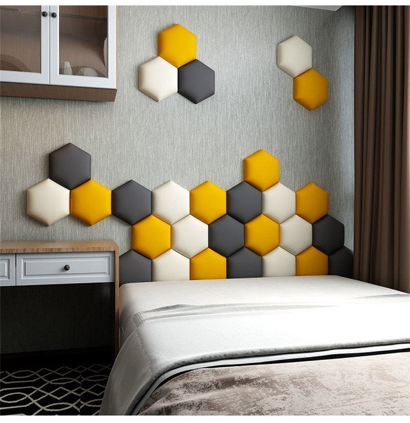 Hexagonal Headboard Bed Soft Bag Set with 3D Wall Sticker and Tatami - Casatrail.com