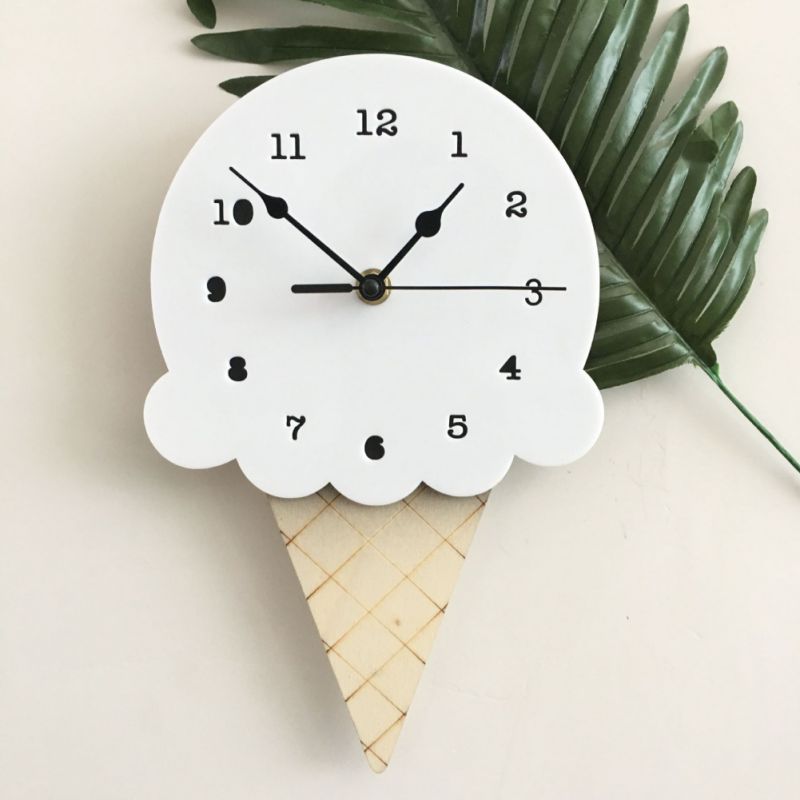 Ice Cream Shape Non - Ticking Wood Wall Clock Kids Room Decor - Casatrail.com