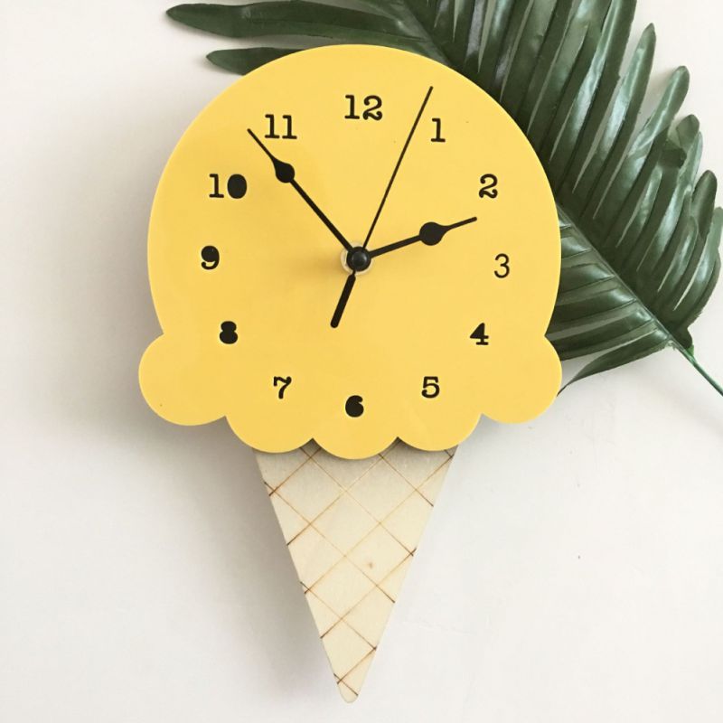 Ice Cream Shape Non - Ticking Wood Wall Clock Kids Room Decor - Casatrail.com