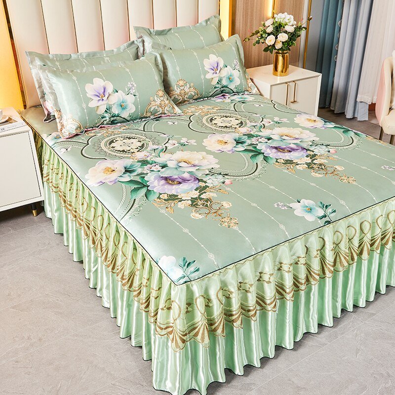 Ice Silk Bed Skirt Three Piece Set - Green - Casatrail.com