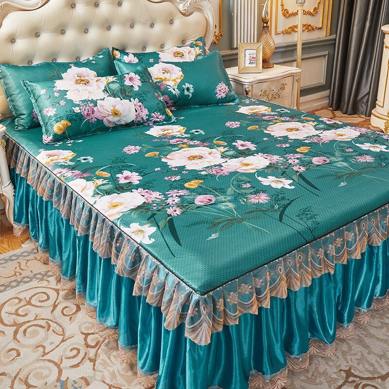 Ice Silk Bed Skirt Three Piece Set - Green - Casatrail.com