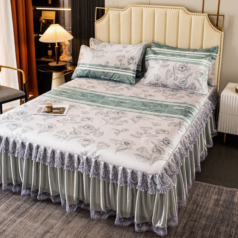 Ice Silk Bed Skirt Three Piece Set - Green - Casatrail.com