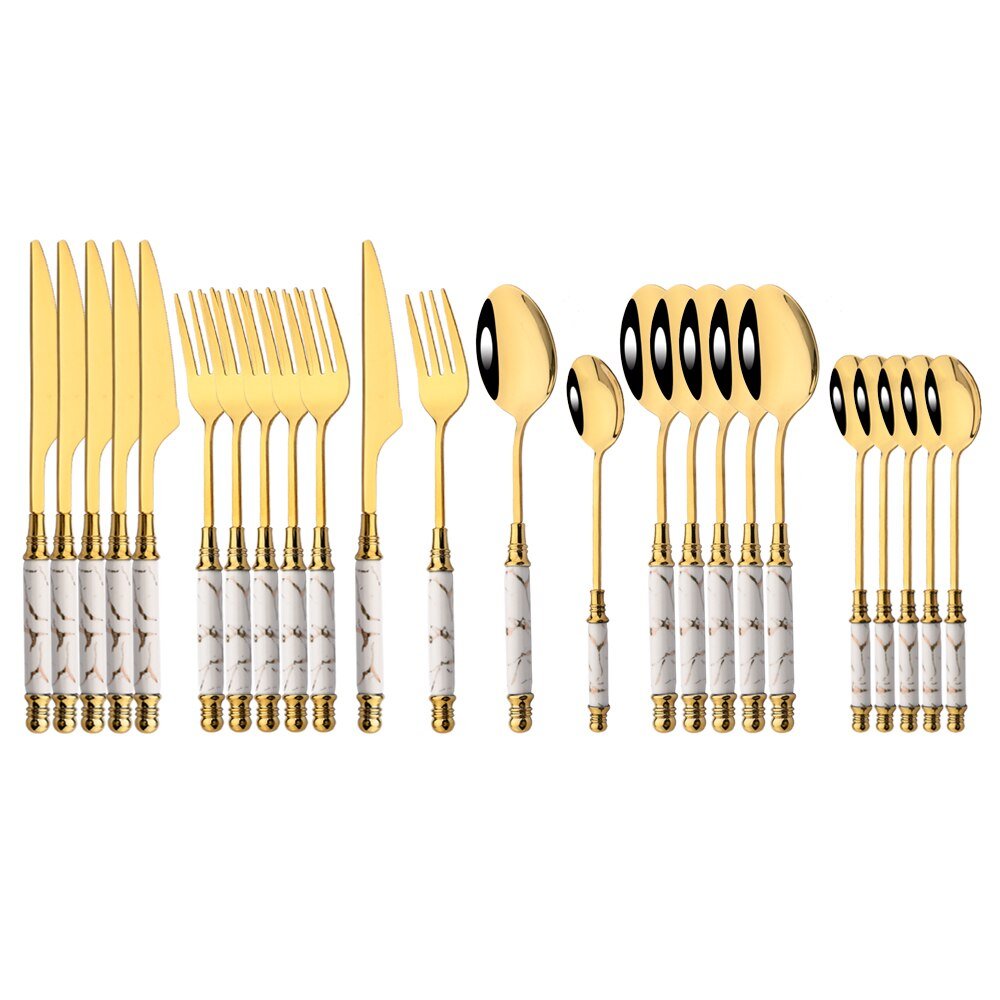 Imitation Ceramic Gold Dinnerware Set with Stainless Steel Flatware - Casatrail.com