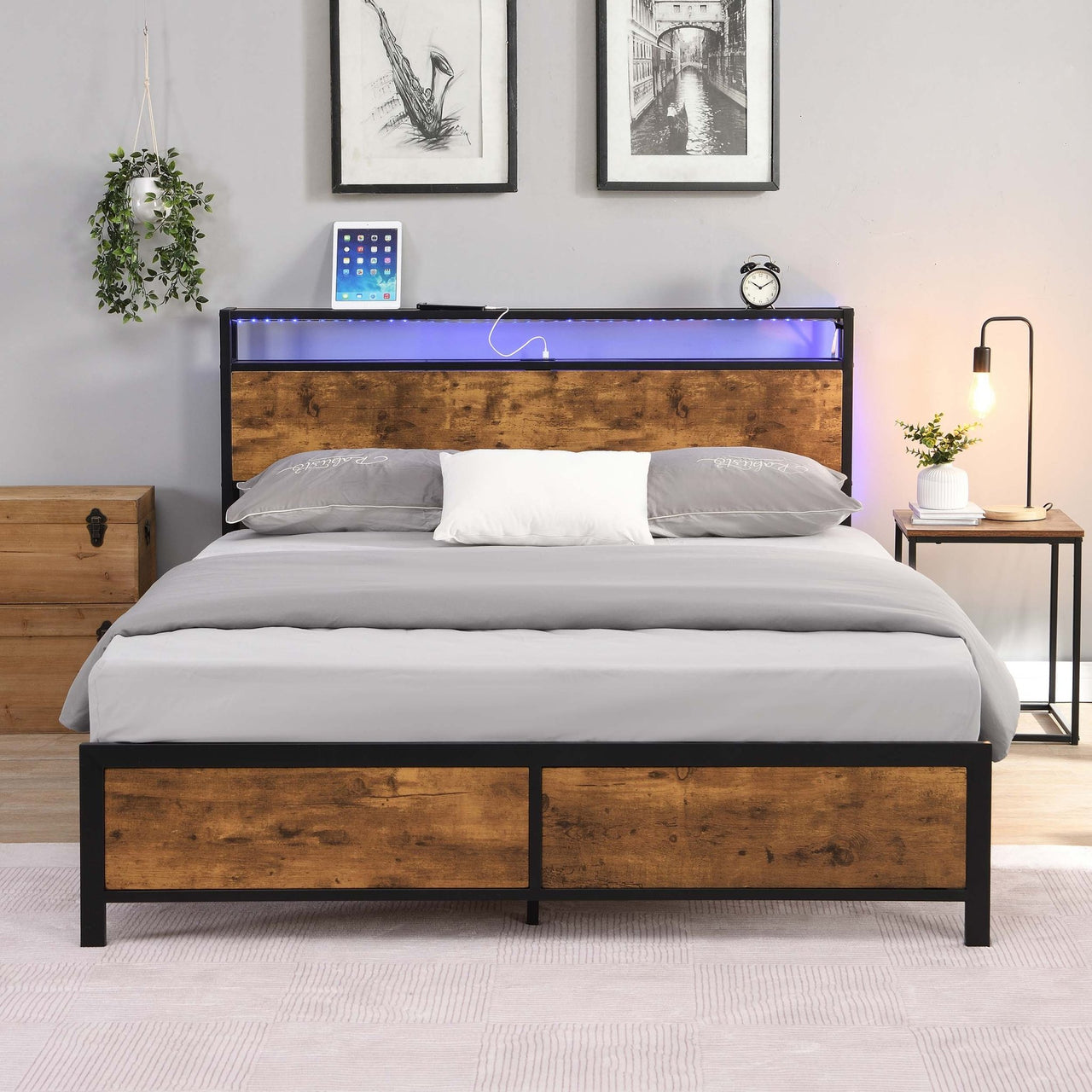 Industrial Bed Frame with LED Lights and USB Ports - Casatrail.com