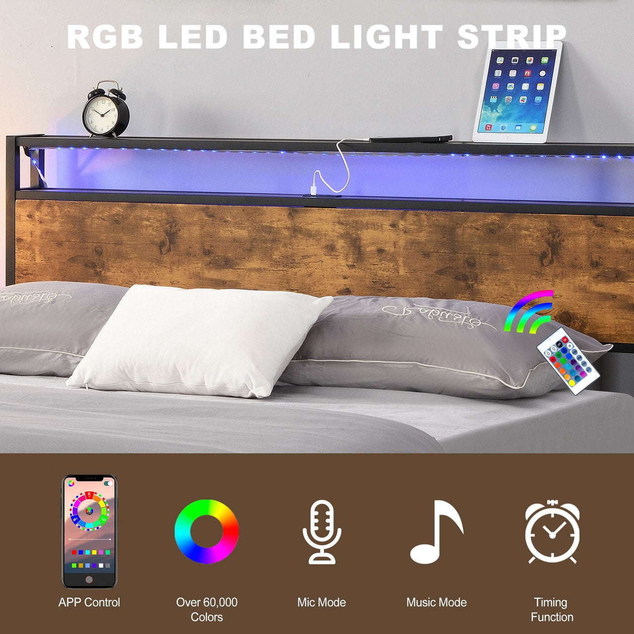 Industrial Bed Frame with LED Lights and USB Ports - Casatrail.com