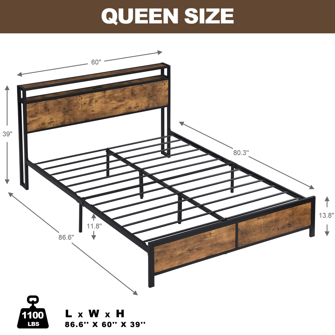 Industrial Bed Frame with LED Lights and USB Ports - Casatrail.com