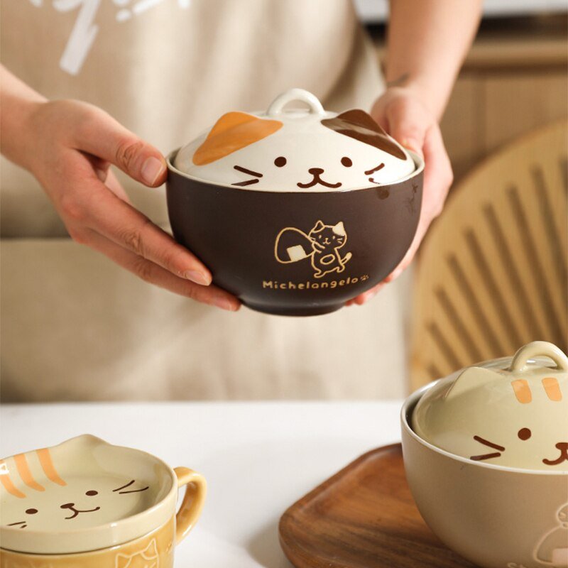 Japanese Cute Cat Ceramic Soup Bowl with Cover - Casatrail.com