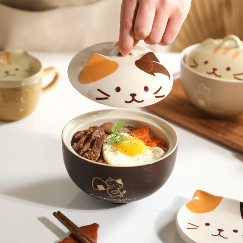 Japanese Cute Cat Ceramic Soup Bowl with Cover - Casatrail.com