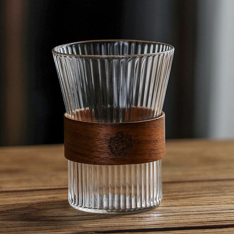 Japanese Style Glass Coffee Cups with Walnut Sleeve - Casatrail.com