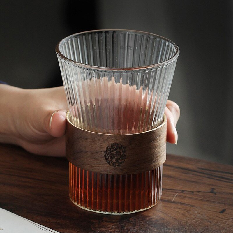 Japanese Style Glass Coffee Cups with Walnut Sleeve - Casatrail.com