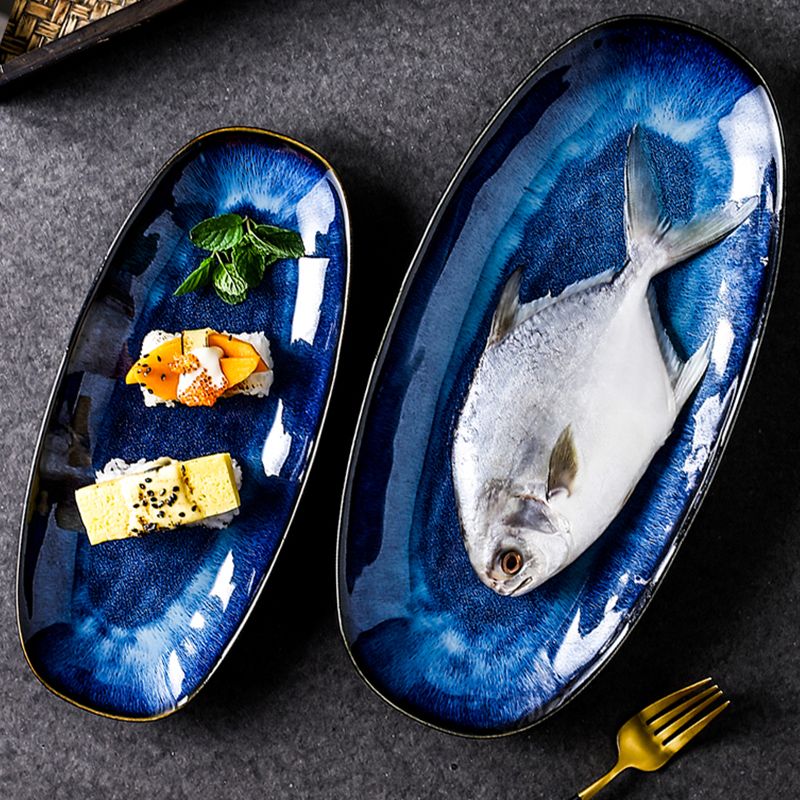 Japanese Style Kiln Cat Tye Blue Fish Plate - Casatrail.com