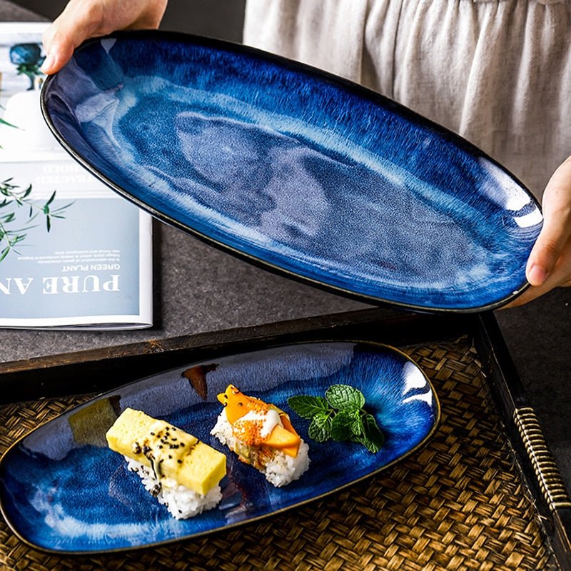 Japanese Style Kiln Cat Tye Blue Fish Plate - Casatrail.com