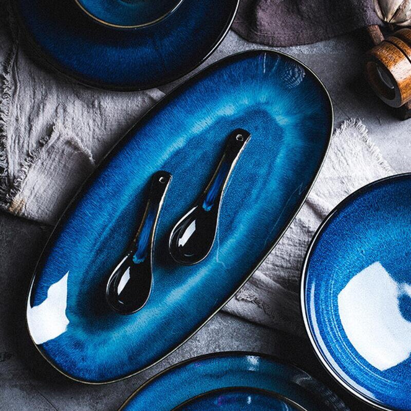 Japanese Style Kiln Cat Tye Blue Fish Plate - Casatrail.com