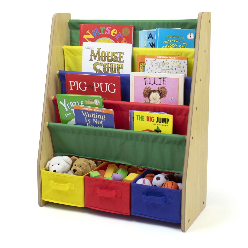 Kids Bookcase with 4 Shelves and 3 Fabric Bins - Casatrail.com