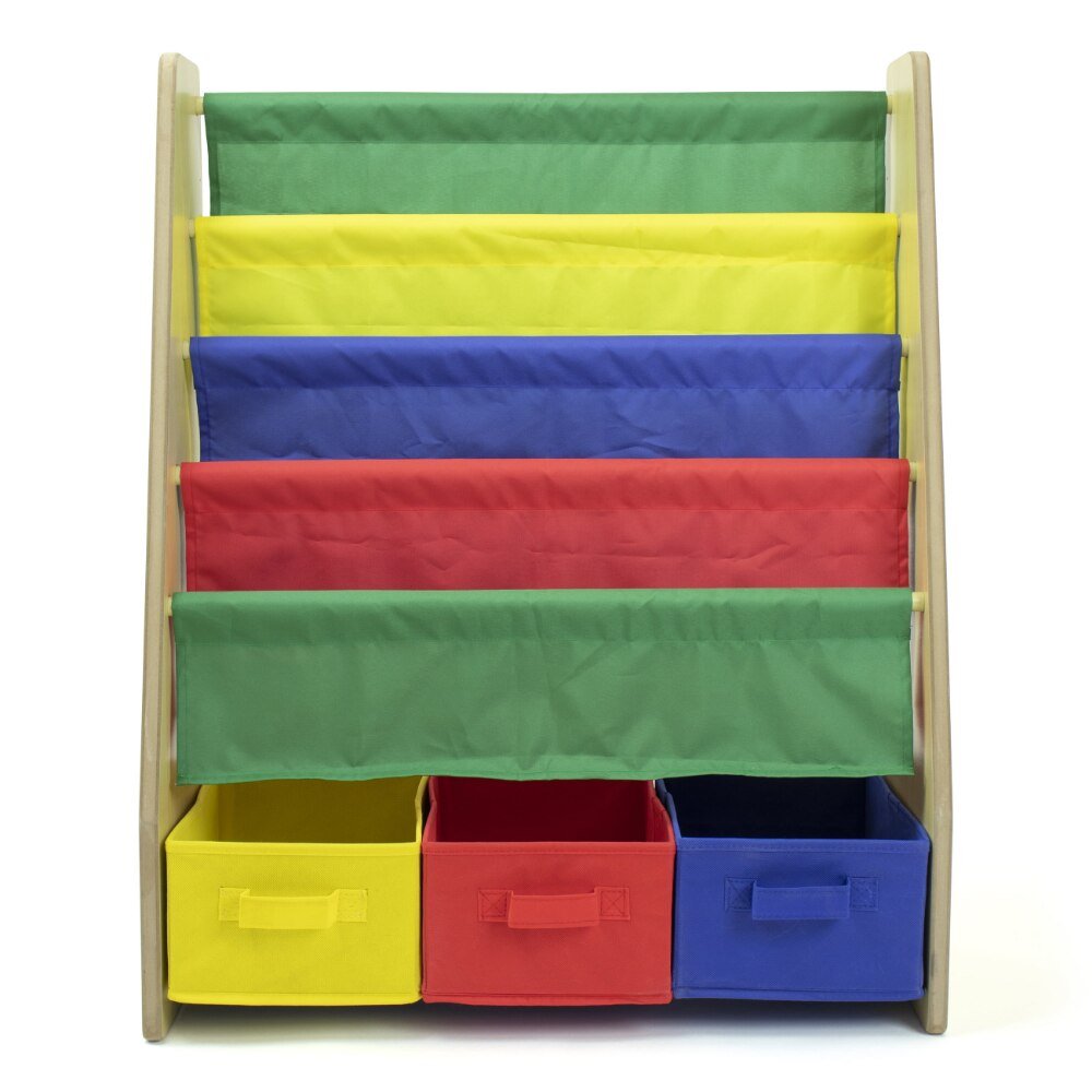 Kids Bookcase with 4 Shelves and 3 Fabric Bins - Casatrail.com