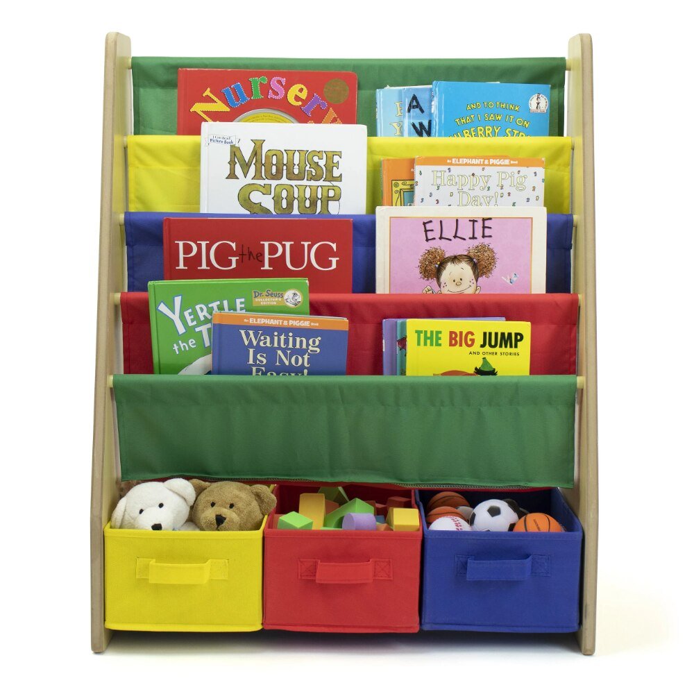 Kids Bookcase with 4 Shelves and 3 Fabric Bins - Casatrail.com