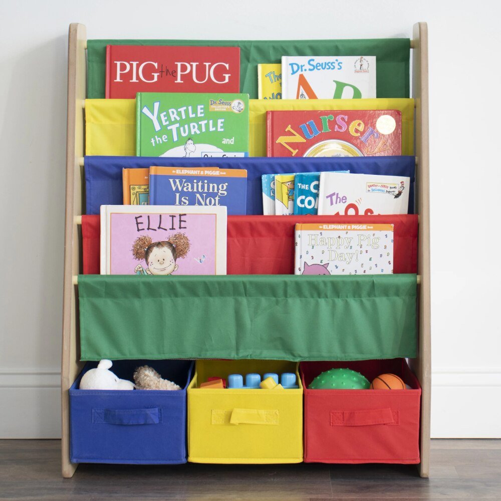 Kids Bookcase with 4 Shelves and 3 Fabric Bins - Casatrail.com