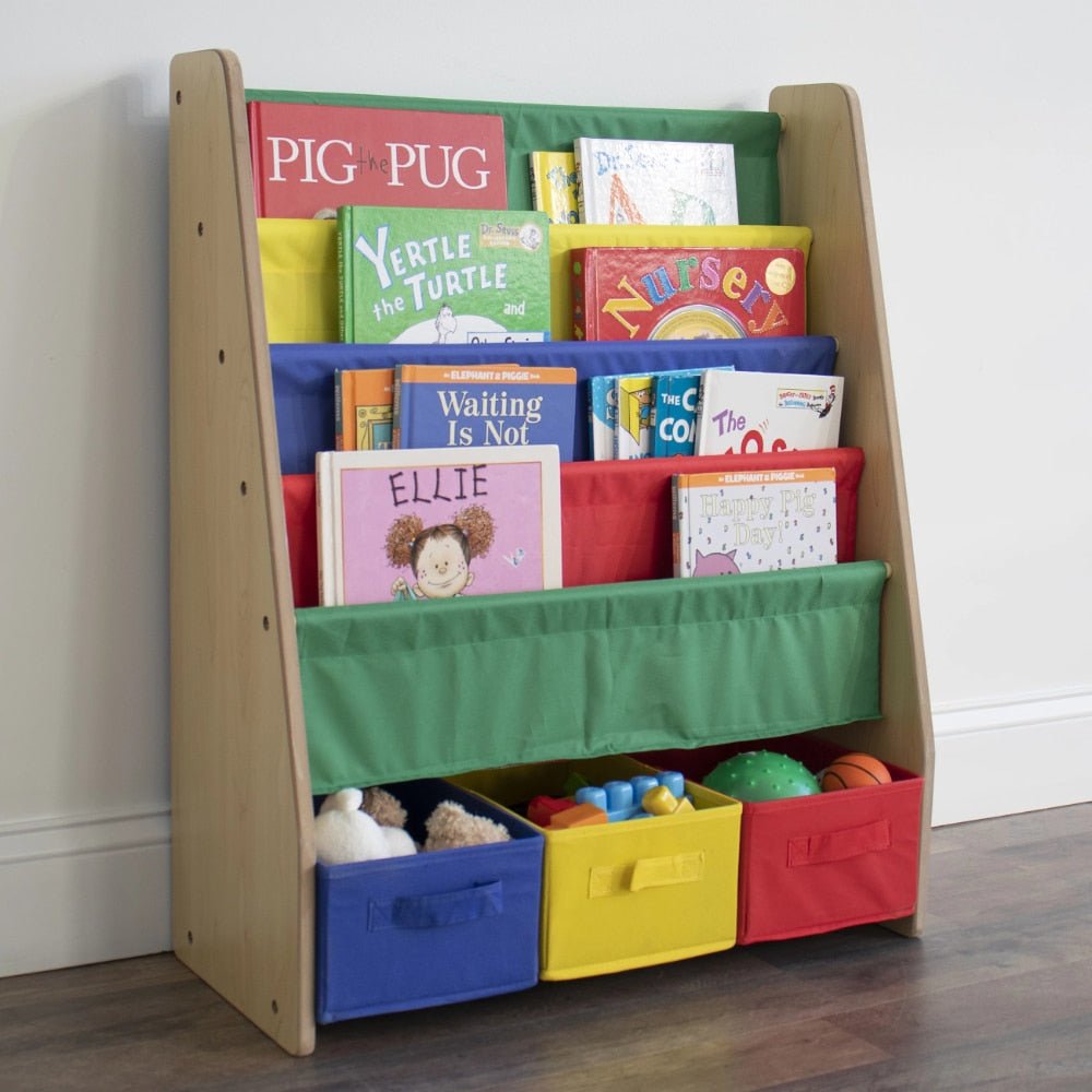 Kids Bookcase with 4 Shelves and 3 Fabric Bins - Casatrail.com