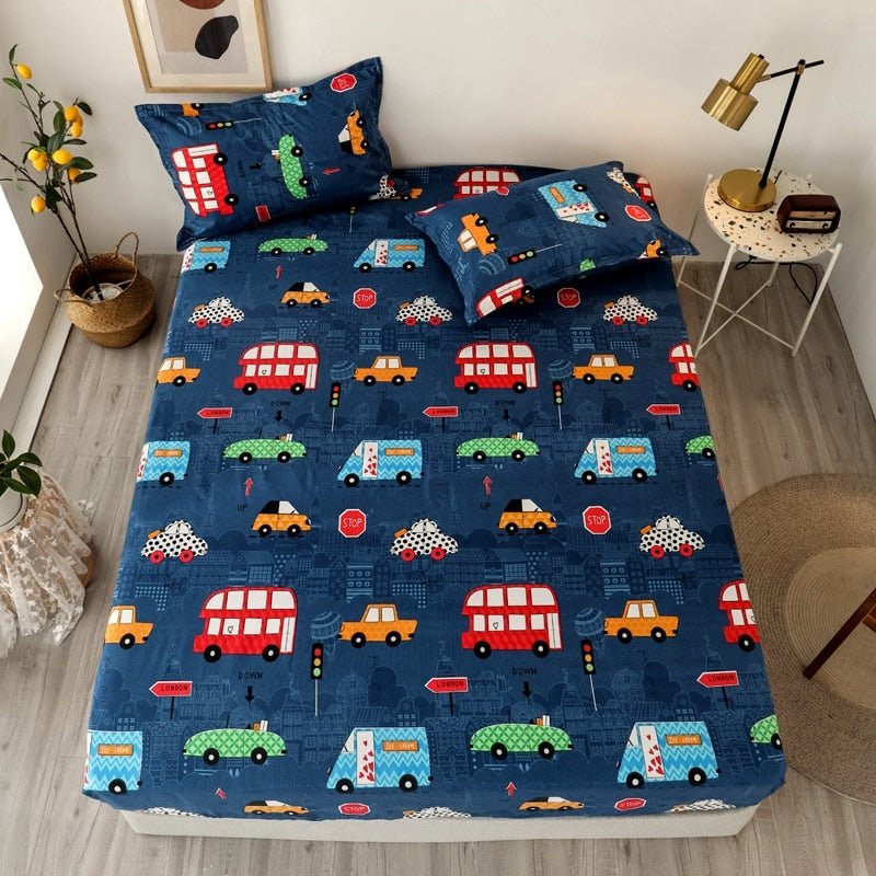 Kids Cartoon Cars Printed Fitted Bed Sheet with Pillowcase - Casatrail.com