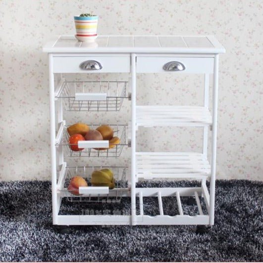 Kitchen Cart 2 - Drawer 3 - Basket 3 - Shelf Storage Rack - White - Casatrail.com