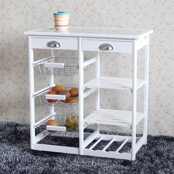 Kitchen Cart 2 - Drawer 3 - Basket 3 - Shelf Storage Rack - White - Casatrail.com