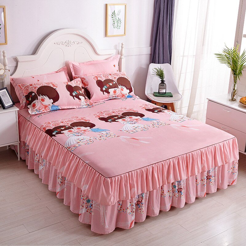 Lotus Leaf Non - slip Bed Skirt with Flowers Bed Sheet - Casatrail.com