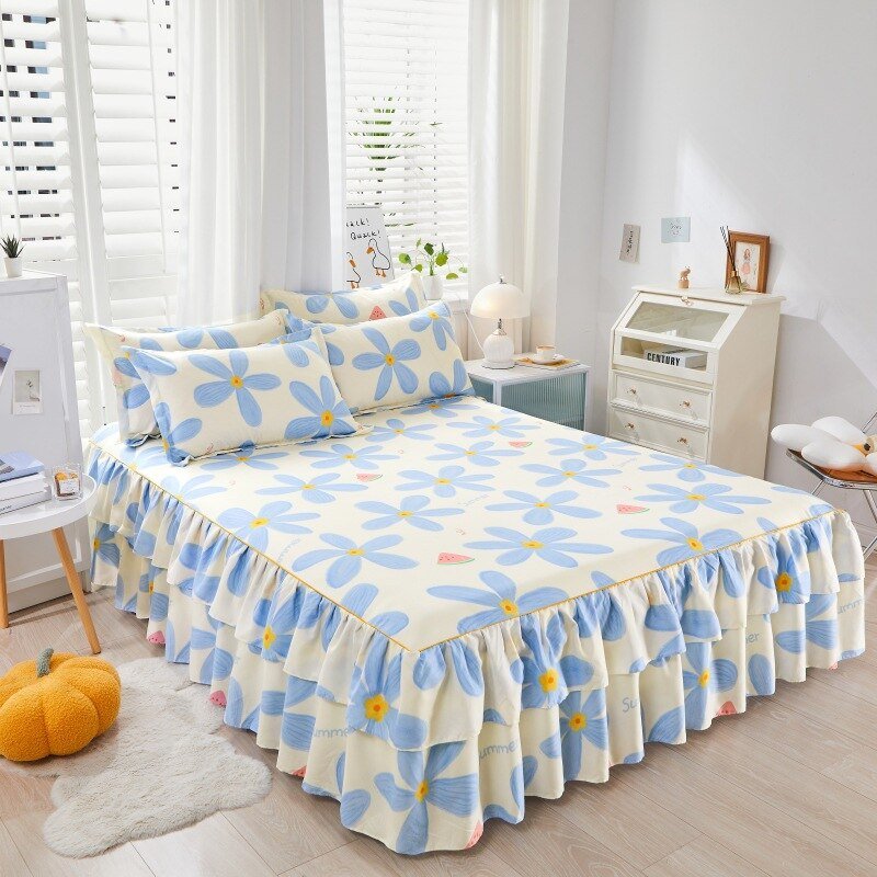 Lotus Leaf Non - slip Bed Skirt with Flowers Bed Sheet - Casatrail.com