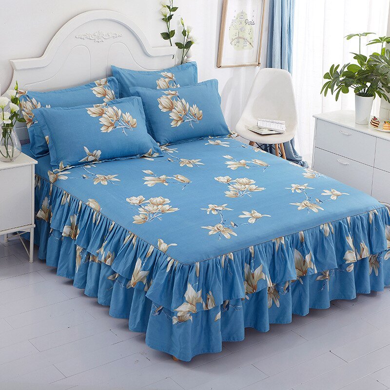 Lotus Leaf Non - slip Bed Skirt with Flowers Bed Sheet - Casatrail.com