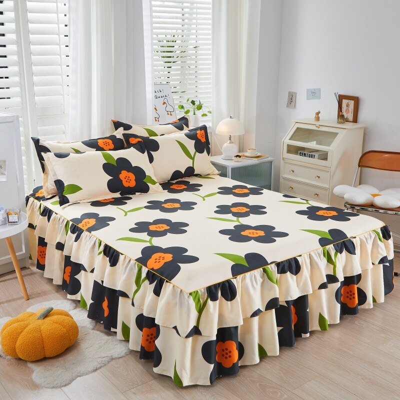 Lotus Leaf Non - slip Bed Skirt with Flowers Bed Sheet - Casatrail.com