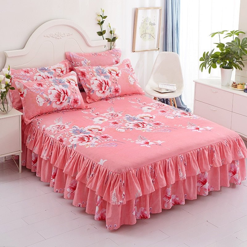 Lotus Leaf Non - slip Bed Skirt with Flowers Bed Sheet - Casatrail.com