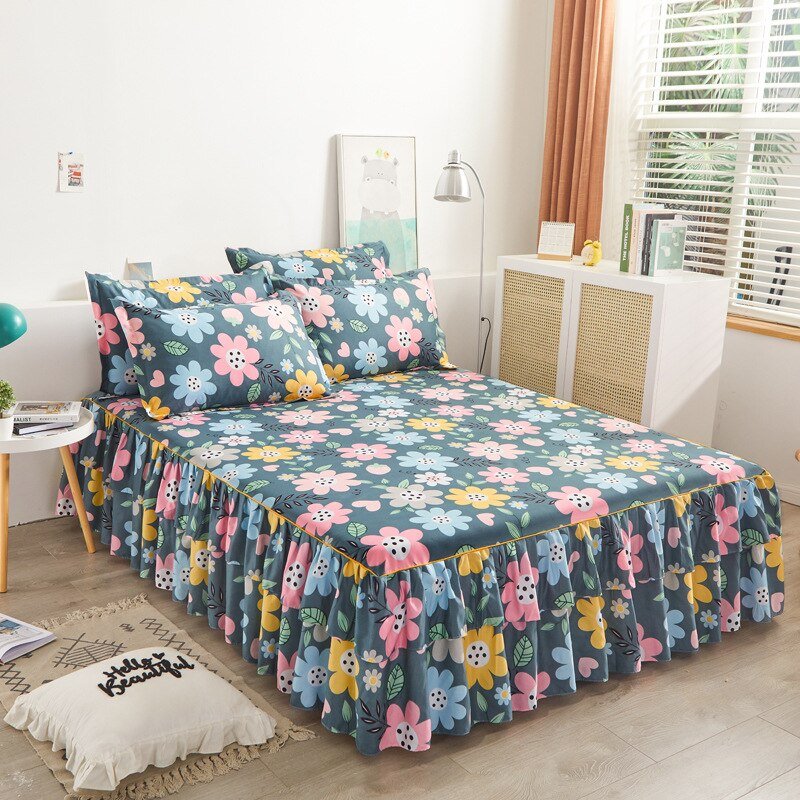 Lotus Leaf Non - slip Bed Skirt with Flowers Bed Sheet - Casatrail.com