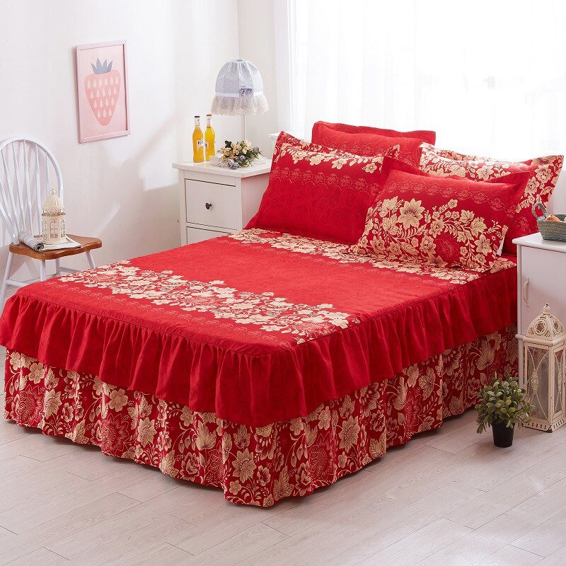 Lotus Leaf Non - slip Bed Skirt with Flowers Bed Sheet - Casatrail.com