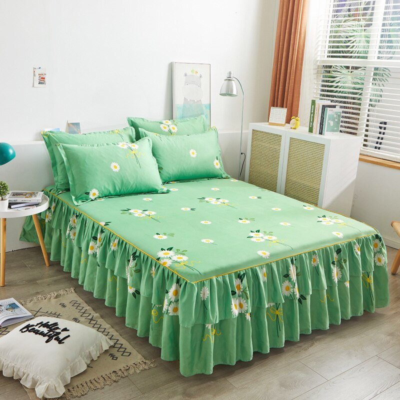 Lotus Leaf Non - slip Bed Skirt with Flowers Bed Sheet - Casatrail.com