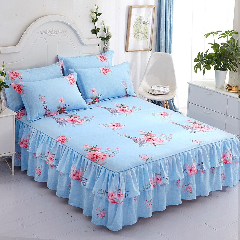 Lotus Leaf Non - slip Bed Skirt with Flowers Bed Sheet - Casatrail.com