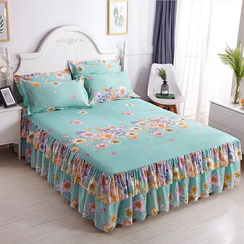 Lotus Leaf Non - slip Bed Skirt with Flowers Bed Sheet - Casatrail.com