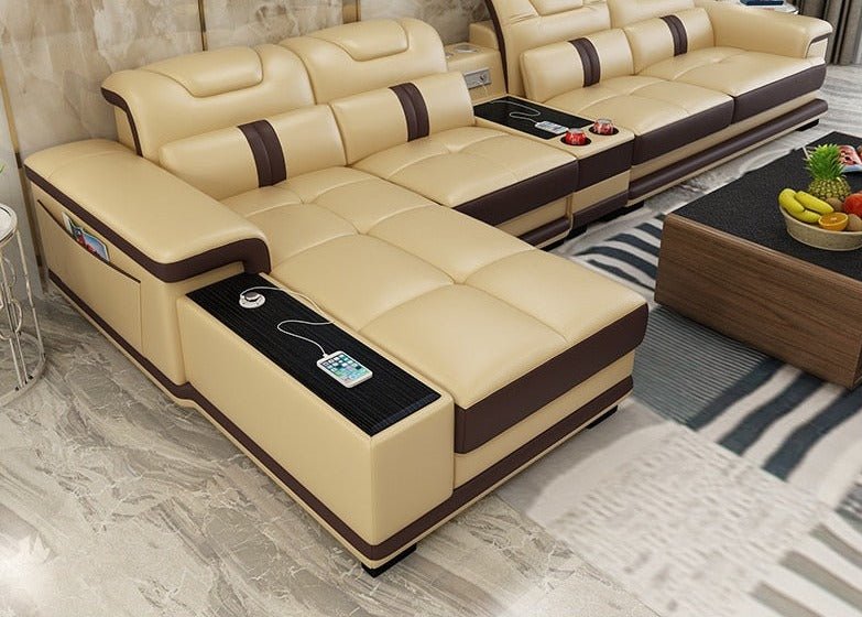 Luxury Italian Leather Sectional Sofa Set with Bluetooth Speaker and USB Ports - Casatrail.com