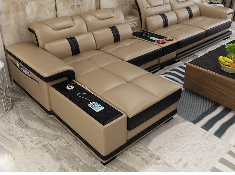 Luxury Italian Leather Sectional Sofa Set with Bluetooth Speaker and USB Ports - Casatrail.com