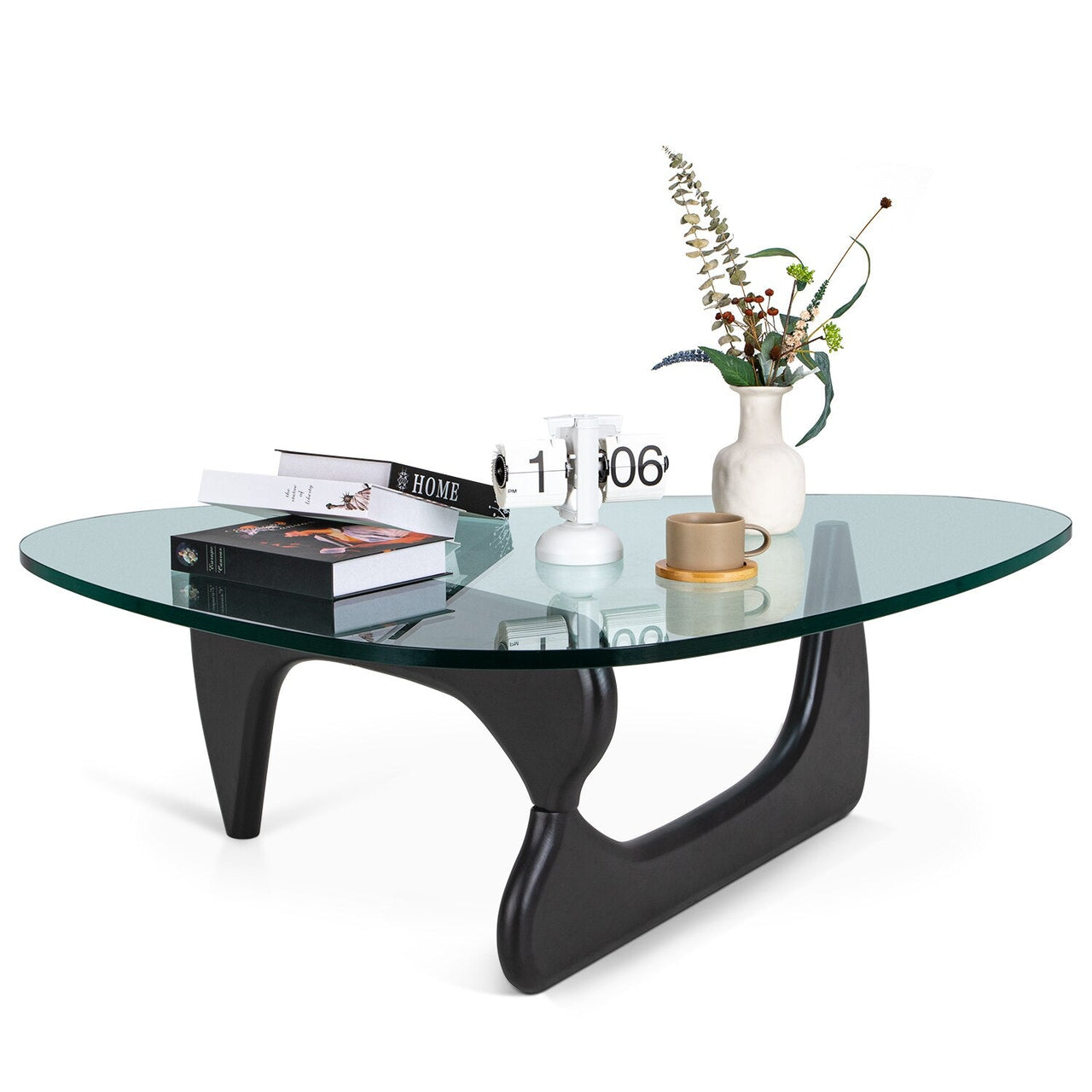 Modern Triangle Glass Coffee Table with Wood Base - Casatrail.com