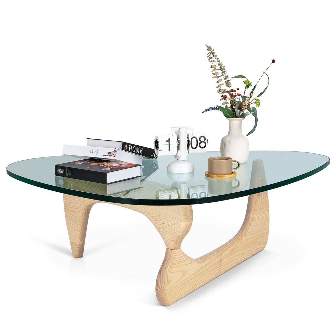 Modern Triangle Glass Coffee Table with Wood Base - Casatrail.com