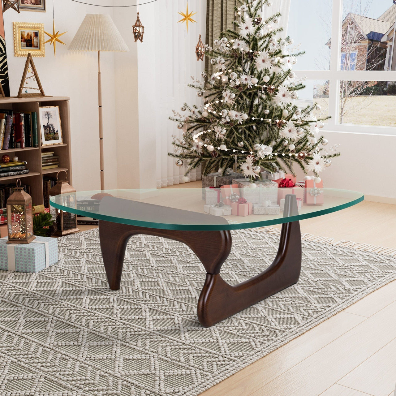 Modern Triangle Glass Coffee Table with Wood Base - Casatrail.com