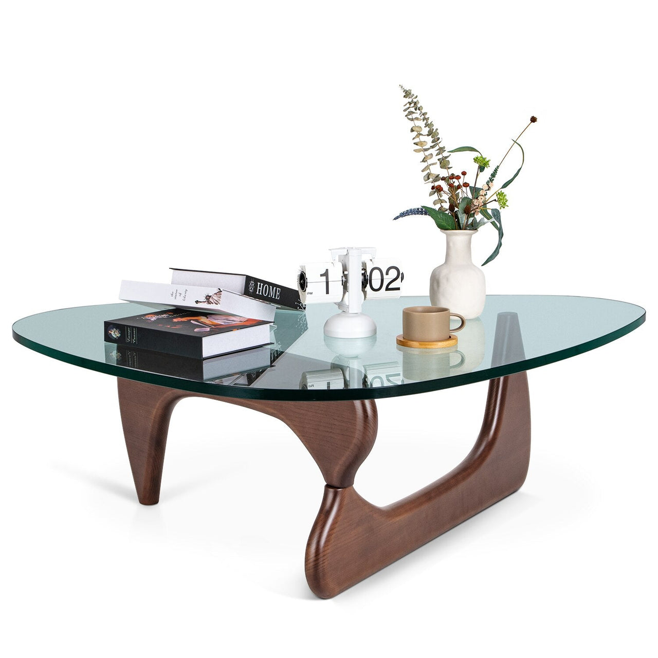 Modern Triangle Glass Coffee Table with Wood Base - Casatrail.com