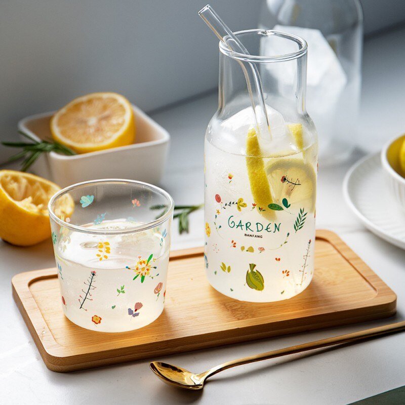 Nordic Flower Printed Glass Tea Cup Set with Water Carafe - Casatrail.com